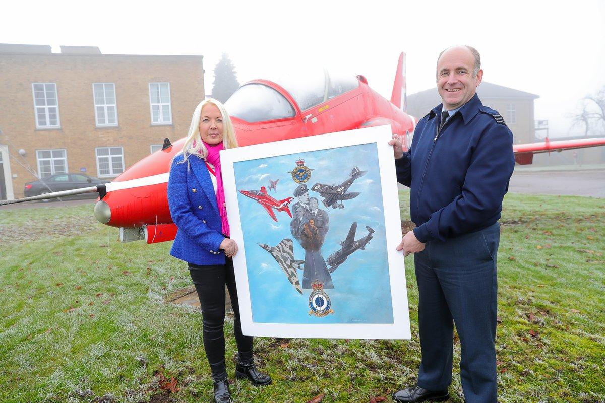 Two bespoke paintings commemorating the rich heritage of RAF Scampton are being auctioned and raffled for charity. The paintings have been kindly donated by York artist @ShanyHagan and pay tribute to some of the most memorable aviators and aircraft in the Station's history. Featured is Wing Commander Guy Gibson VC, Officer Commanding 617 Squadron during the famous ‘Dambusters’ raid of the Second World War, the iconic Lancaster and Vulcan bombers, and the raf red arrows Hawk. Shany, who has raised over £300,000 for charity through her artwork, presented them to the Station Commander Group Captain Neill Atkins. Monies raised for the paintings will be split between the three Station charities: @RAFAssociation, @whenyouwishUK and @MindCharity. The larger painting will be auctioned by Unique Auctions in Lincoln on Sunday 26th March at around 10am, with bids being taken in person, via phone or online. Further information on the auction can be seen at the following link: https://t.co/Wv3gpMqNYT     The second smaller painting will be raffled online, with the draw also taking place on Sunday 26th March. Tickets for the raffle can be purchased at the following link: https://t.co/dEvUaNIrc8