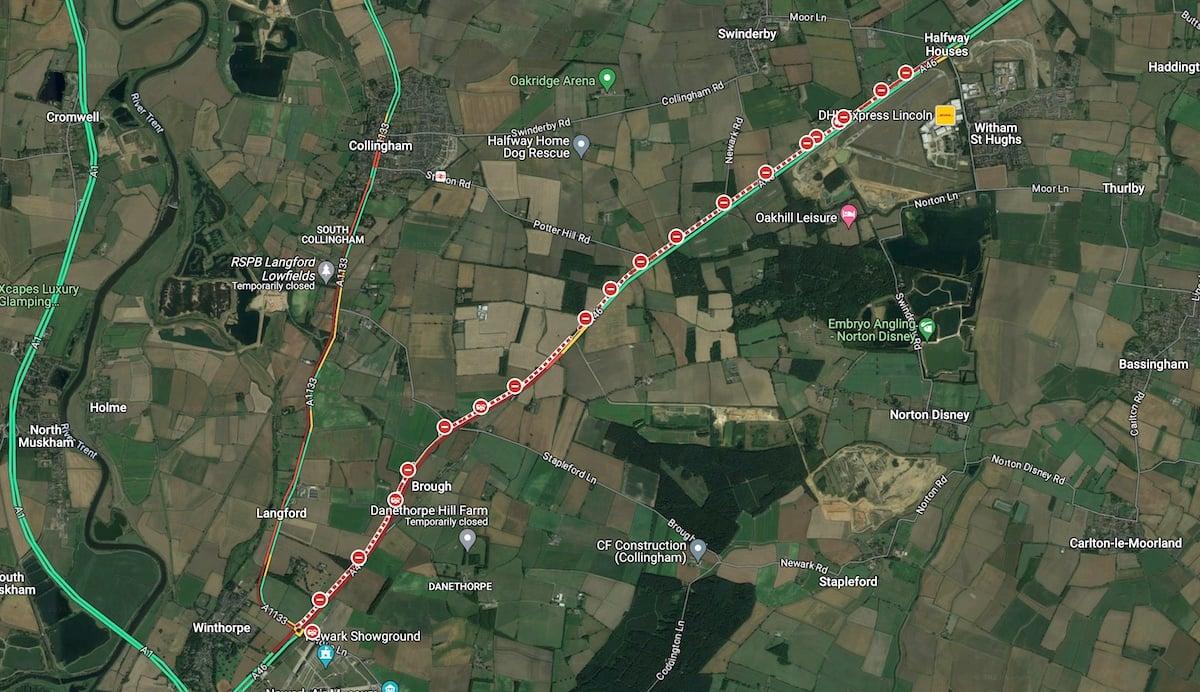 A46 closed from Newark to Witham St Hughs due to crashes